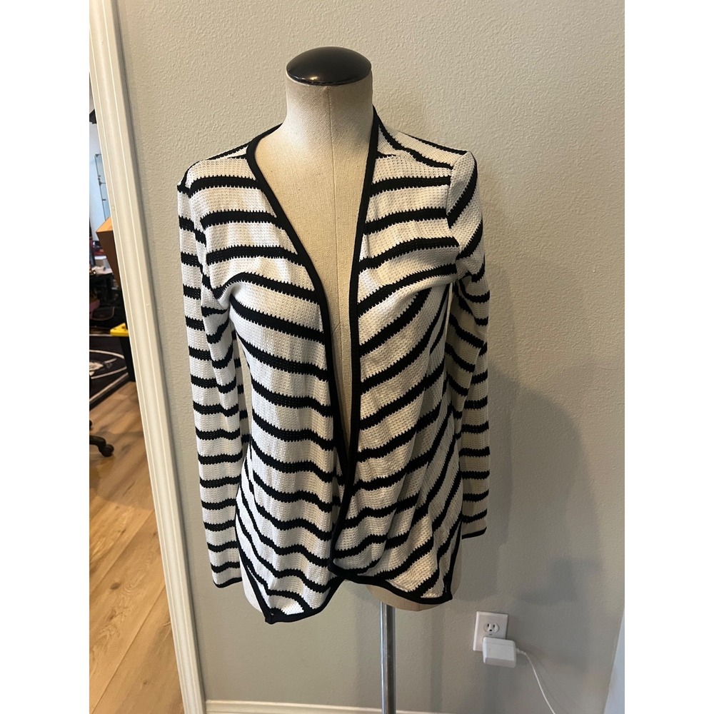 Wet Seal Women's Black White Striped Open Front Cardigan Sweater Long Sleeve